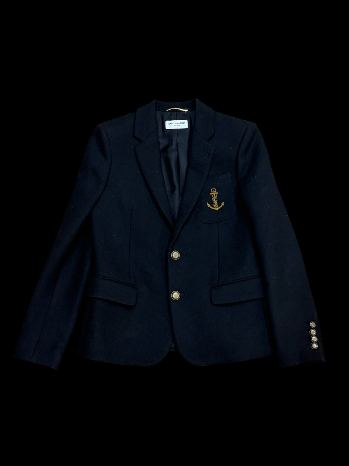 | Vintage Saint Laurent Wool Navy & Gold Anchor Blazer | F38