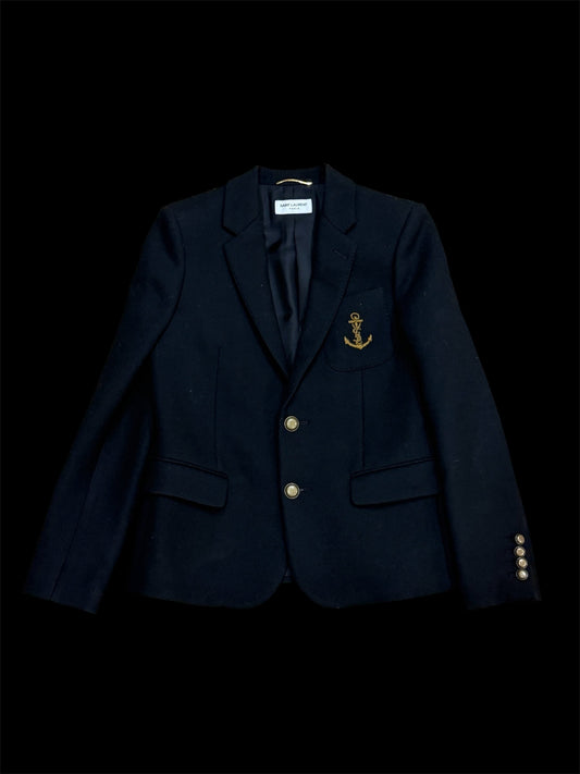 | Vintage Saint Laurent Wool Navy & Gold Anchor Blazer | F38