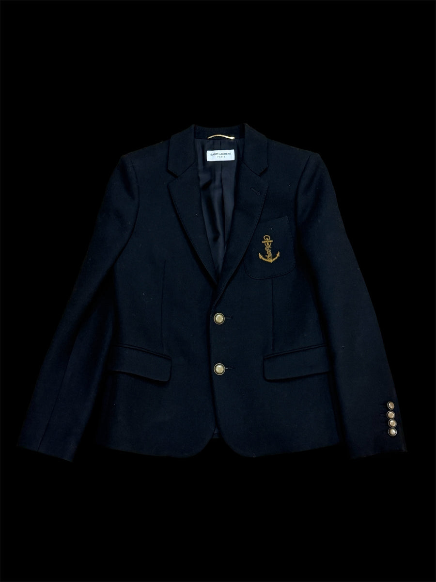| Vintage Saint Laurent Wool Navy & Gold Anchor Blazer | F38