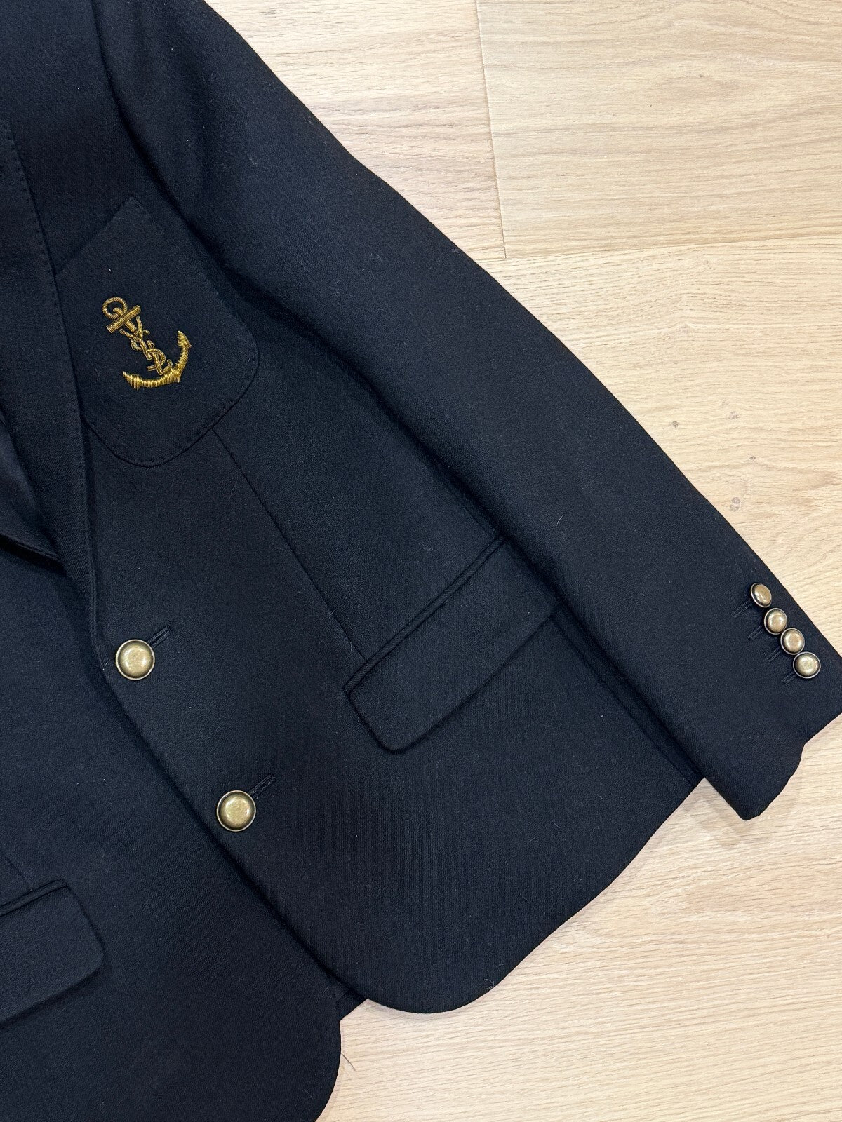 | Vintage Saint Laurent Wool Navy & Gold Anchor Blazer | F38
