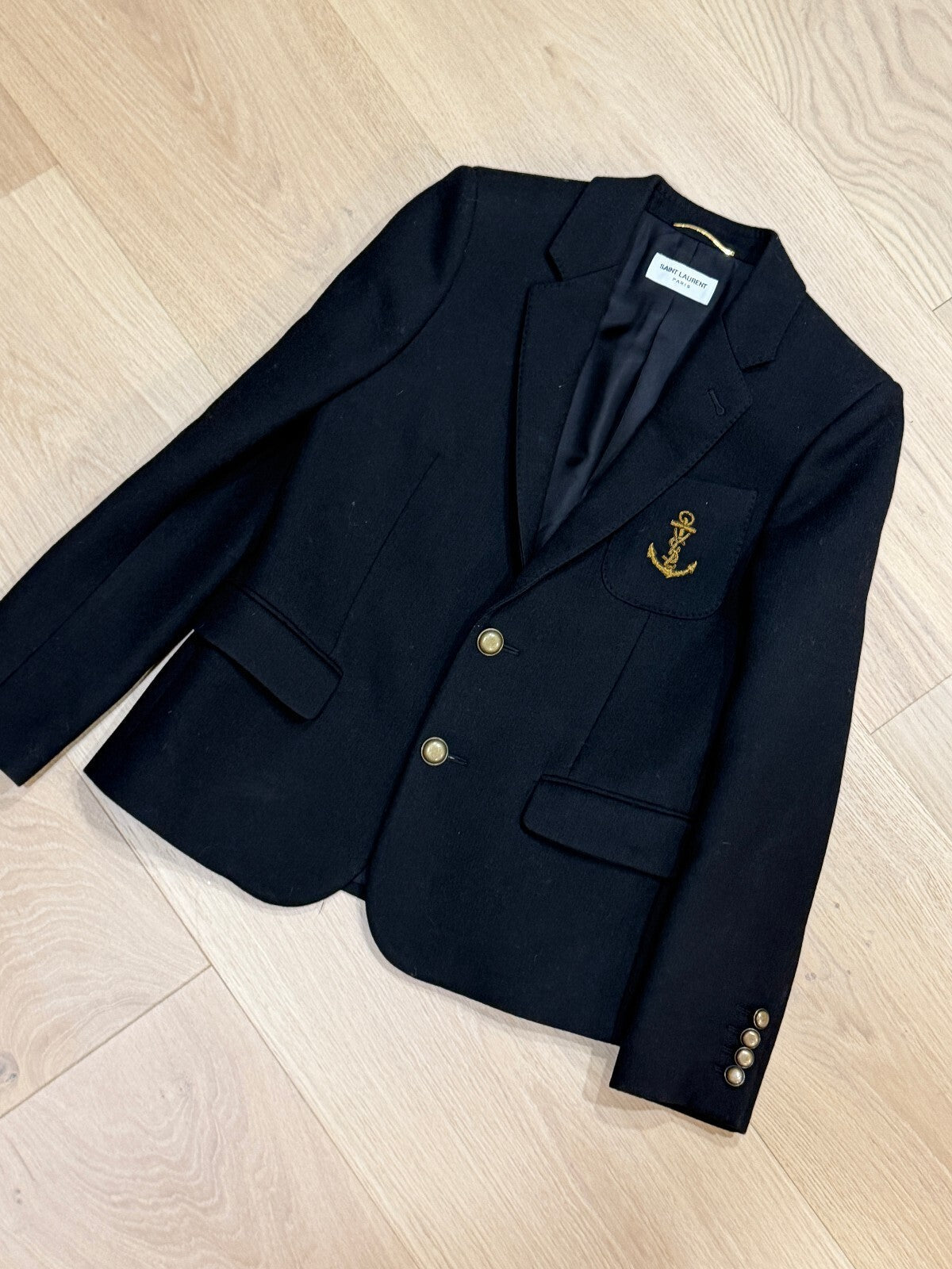 | Vintage Saint Laurent Wool Navy & Gold Anchor Blazer | F38