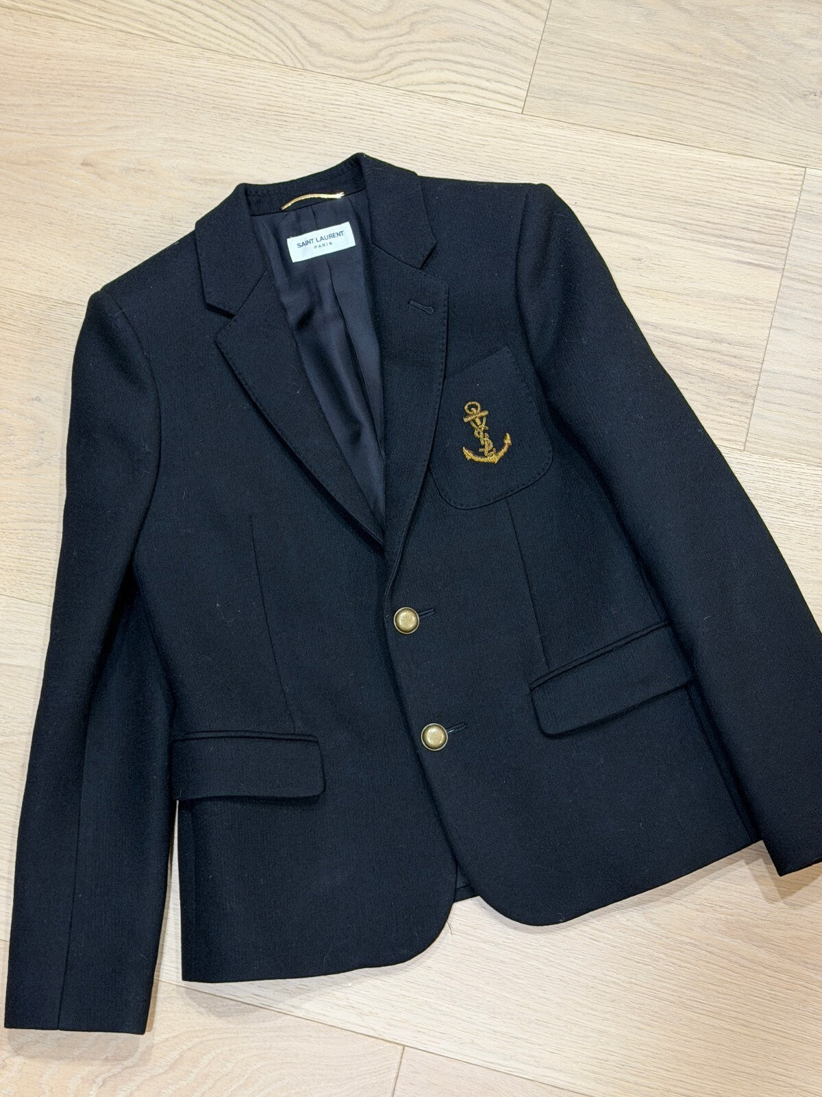 | Vintage Saint Laurent Wool Navy & Gold Anchor Blazer | F38