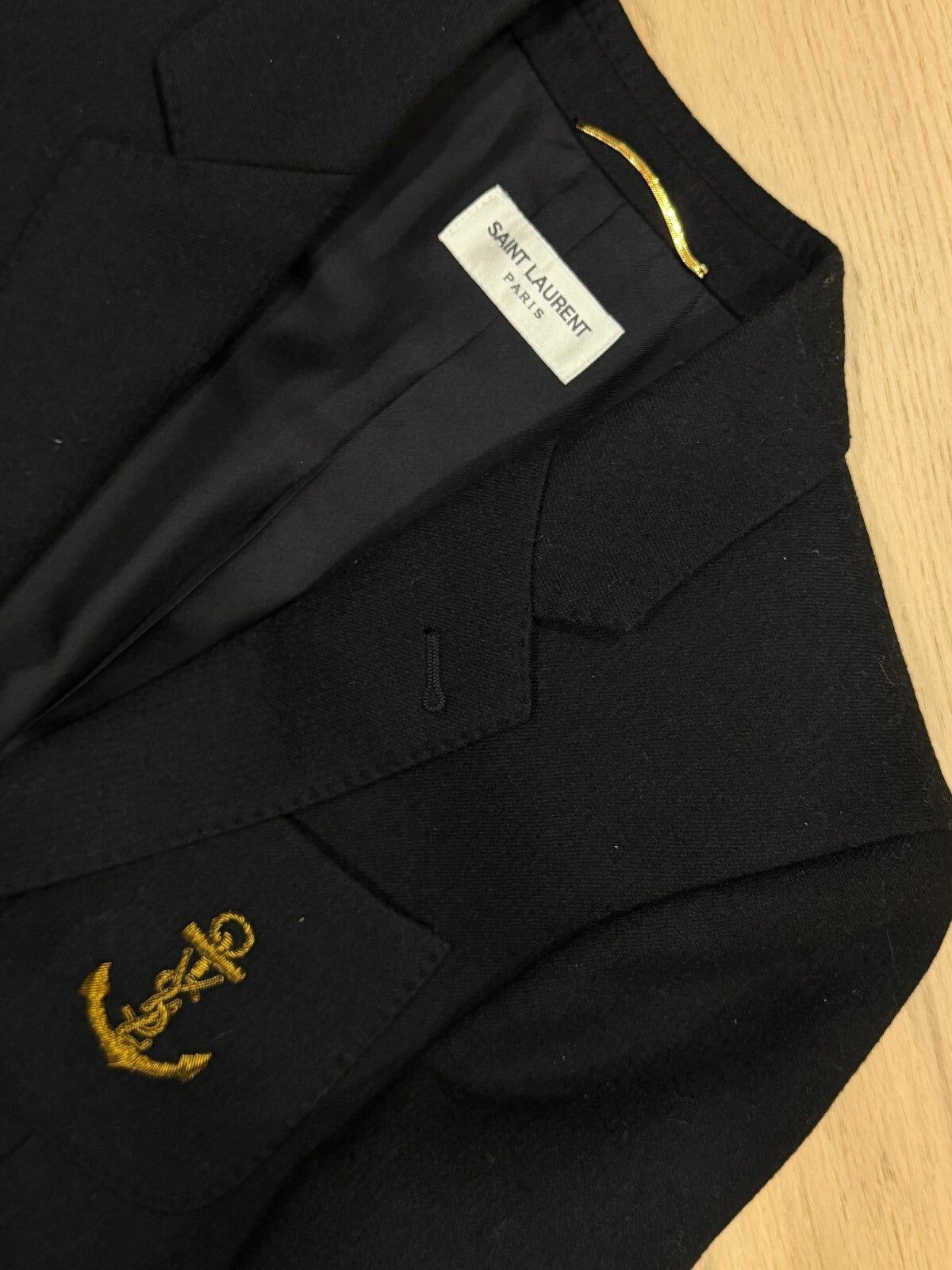 | Vintage Saint Laurent Wool Navy & Gold Anchor Blazer | F38