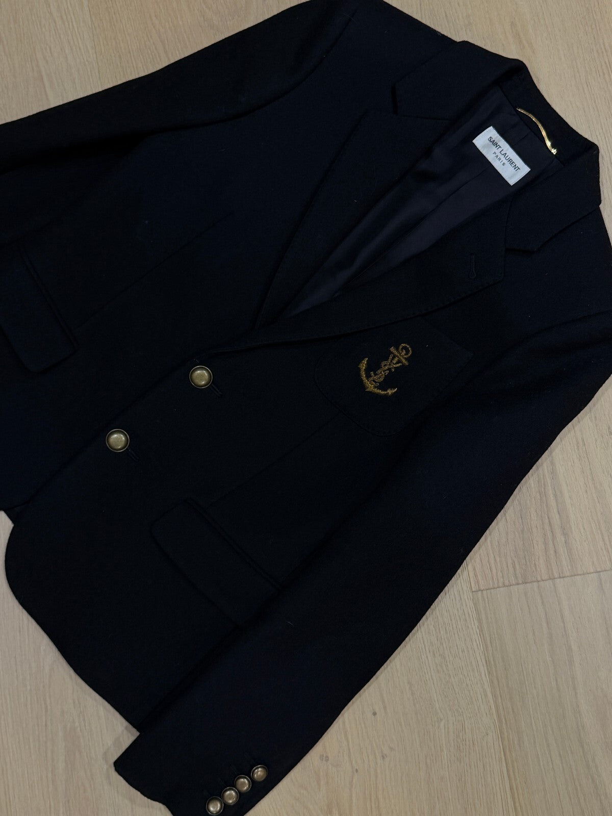 | Vintage Saint Laurent Wool Navy & Gold Anchor Blazer | F38