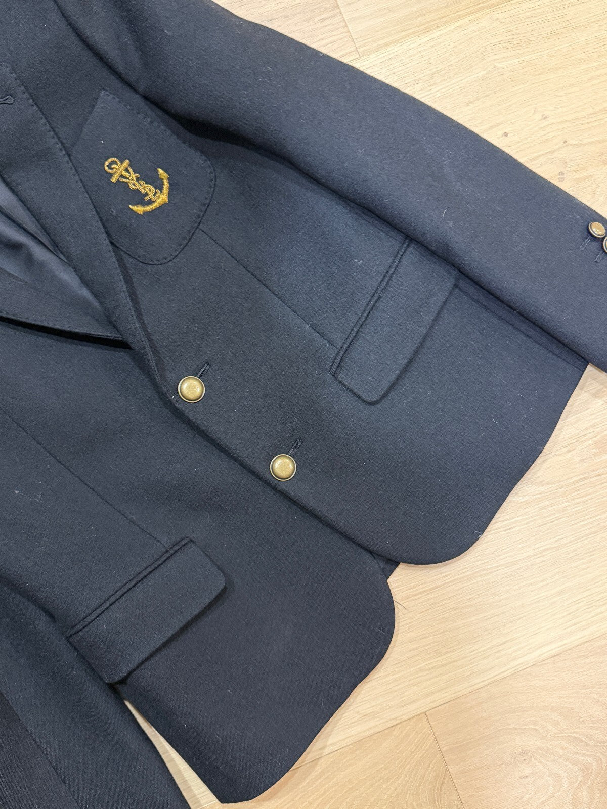 | Vintage Saint Laurent Wool Navy & Gold Anchor Blazer | F38